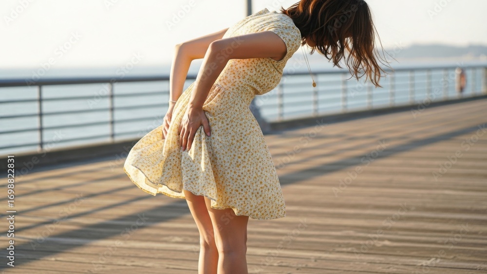Naklejka premium 海辺の桟橋で強い風にワンピースの裾がめくれるのを抑える女性