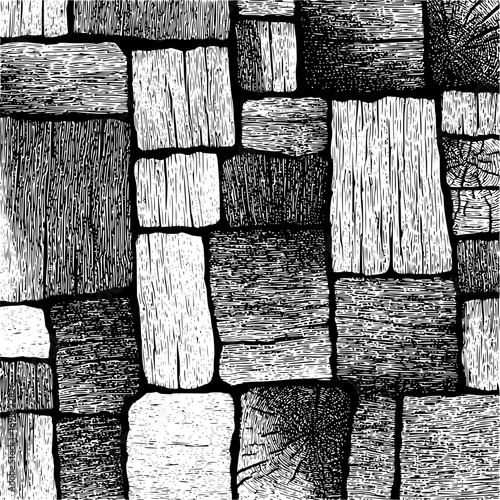 Illustration of a wood block pattern with varying textures and grain orientations in black and white