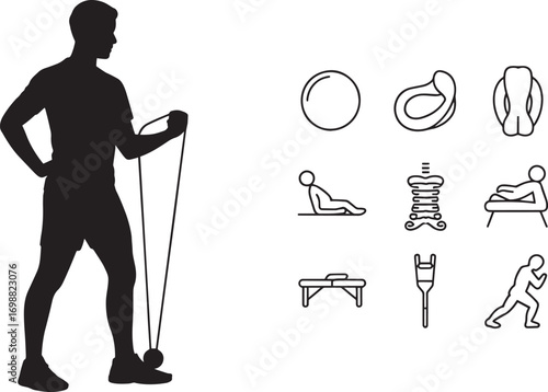Silhouette of Man Exercising with Resistance Band and Medical Icons on Transparent Design