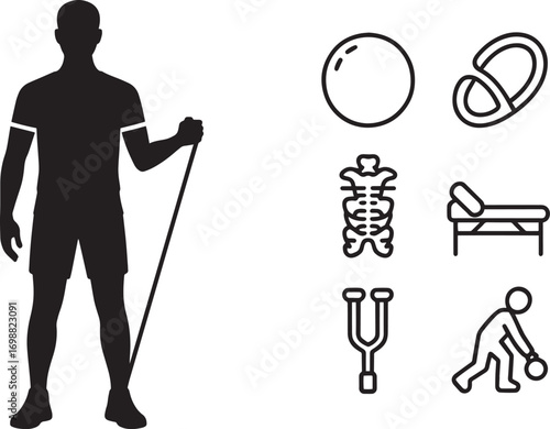 Silhouette of Man Exercising with Resistance Band and Medical Icons on Transparent Background