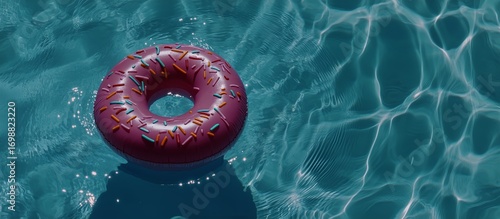 Inflatable Donut Float With Sprinkles Relaxing in Bright Blue Summer Swimming...
