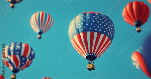 Hot Air Balloons With Patriotic Designs Float in a Bright Blue Sky During the...