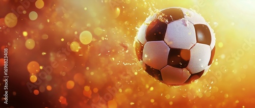 Soccer Ball With Water Splashes Against Bright Background on Warm Day