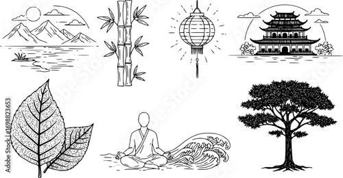 Asian culture linear icon set. featuring landscape, bamboo, temple, lantern, leaf, meditation, waves, and tree vector silhouette illustration isolated on white background 