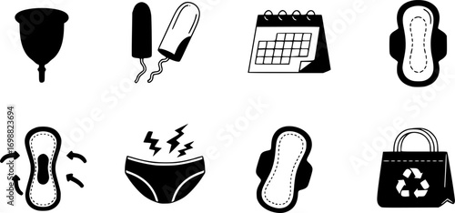 Menstrual cycle linear icon set. featuring cup, tampon, pad, calendar, cramps, underwear, recycling, and bag vector silhouette illustration isolated on white background 