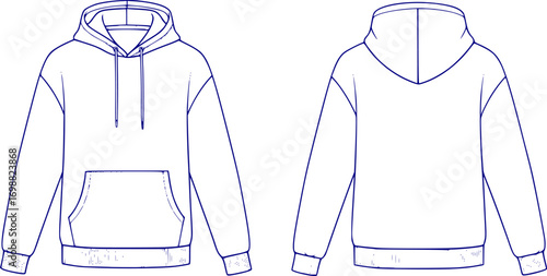 A casual hoodie depicted with a front and side view, featuring a drawstring hood and kangaroo pocket. The layout captures the relaxed fit a vector silhouette illustration isolated on white background 
