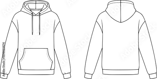 A casual hoodie depicted with a front and side view, featuring a drawstring hood and kangaroo pocket. The layout captures the relaxed fit a vector silhouette illustration isolated on white background 