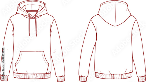 A casual hoodie depicted with a front and side view, featuring a drawstring hood and kangaroo pocket. The layout captures the relaxed fit a vector silhouette illustration isolated on white background 