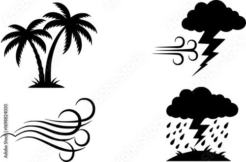 Tropical storm icons set – palm trees, wind blowing, silhouettes. Vector icons set vector silhouette illustration isolated on white background 
