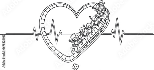 A black and white drawing of a roller coaster shaped like a heart with people riding in the cars