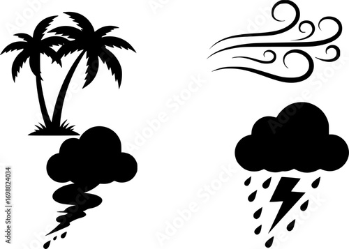 Tropical storm icons set – palm trees, wind blowing, silhouettes. Vector icons set vector silhouette illustration isolated on white background 