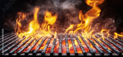 Flames Rising From Hot Charcoal Under a Metal Grill at an Outdoor Barbecue Du...