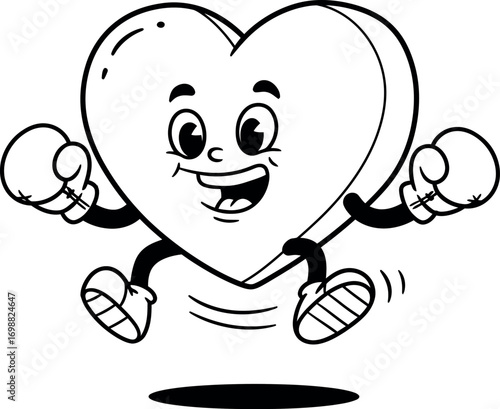 Cartoon heart character wearing boxing gloves jumping in the air with a happy expression on white