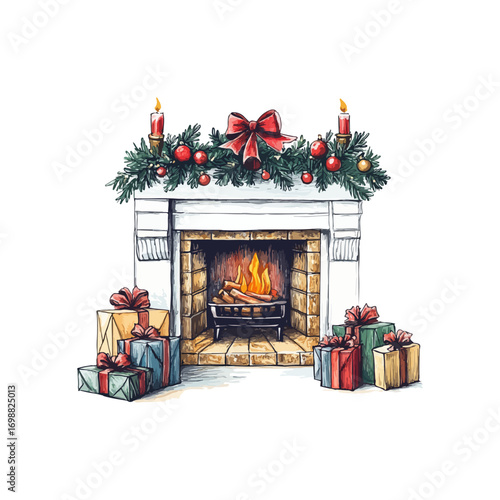 christmas decorated fireplace hand drawn illustration