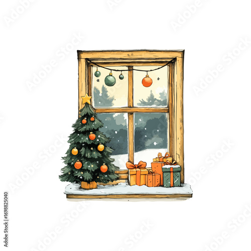 christmas decorated window hand drawn illustration