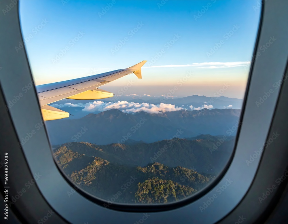Fototapeta premium Airplane window view of mountains and clouds