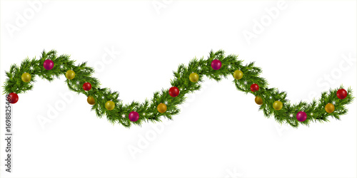 Vector realistic Christmas garland with gold and red baubles. Glowing Christmas lights. Christmas tree decoration, ribbon and red bow. Winter fir branches. Holiday garlands of pine trees.