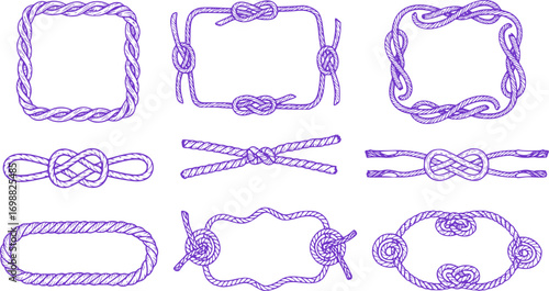 Rope Frame Set – Hand-Drawn Nautical Knot Borders, Marine Cord Shapes, Sailor Twisted Rope Poster Decoration, Vintage Lasso Frame Doodle, Isolated Vector Rope Design