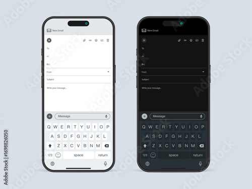 Smartphone Email Mockup UI – New Message Screen in Light and Dark Mode Vector Illustration, Mail Client Interface, Mobile Layout Template Set for Smartphone Screens