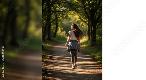 Woman walking on a forest path during sunset.