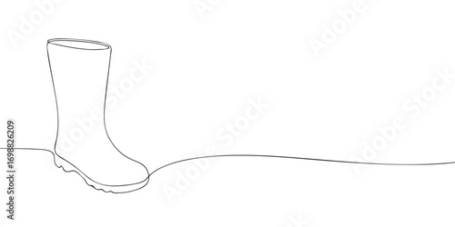 Continuous line drawing of rubber rain boot. Minimalist vector outline illustration of waterproof footwear for clothing, wardrobe, outdoor wear, fashion accessory, and shoe design template