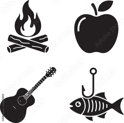 Four black and white minimalist icons campfire apple guitar fish hook collection camping