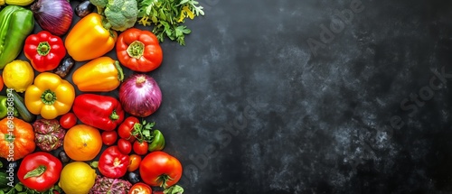 Assortment of Fresh Vegetables and Fruits Arranged on a Dark Surface, Ready t...
