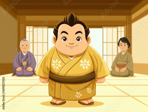 Young boy in traditional yellow kimono stands confidently in a serene indoor setting, surrounded by two adults in elegant attire, showcasing cultural heritage and family bonds