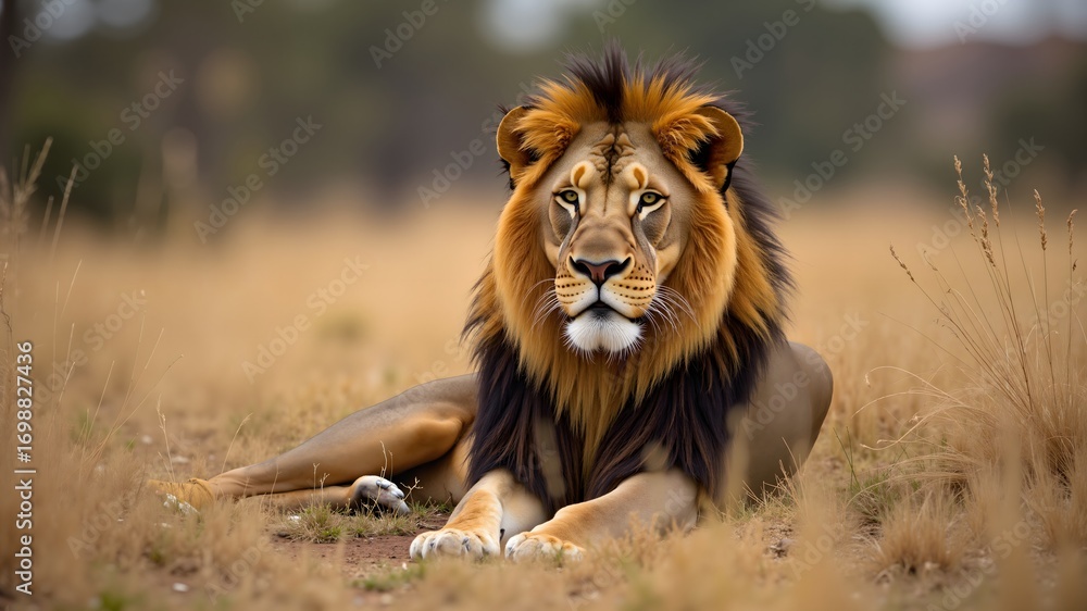 Obraz premium A wildlife photograph of a regal lion resting in the savannah, with detailed fur textures and a sharp contrast relief setting a dramatic tone.