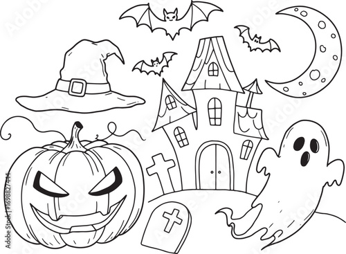 Halloween vector illustration background with pumpkin and witch in cartoon style drawing and coloring design