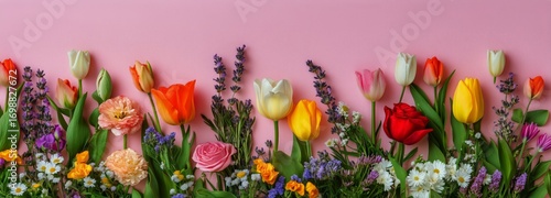 Colorful Springtime Flowers Arranged on a Pink Background Create a Floral Dis...