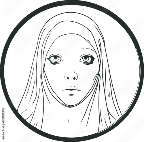 Haunted mirror with ghostly face inside reflection, arranged in circular design, bold black outlines, clear line art 1