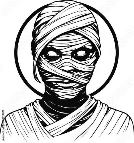 Mummy face with bandages and glowing eyes, inside perfect circle, bold black outlines, clean horror line art 3
