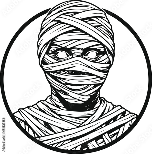 Mummy face with bandages and glowing eyes, inside perfect circle, bold black outlines, clean horror line art 1.