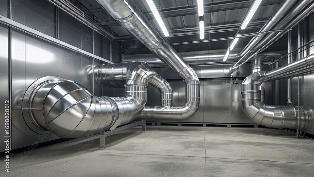 Obraz premium Stainless steel ducts form a modern HVAC system, with sleek curves, rivets, and silver surfaces set against concrete, accented by safety colors, shadows, and an industrial design aesthetic