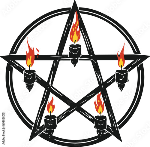 Pentagram symbol with burning candles around, inside circular frame, bold black outline, dark occult style line art