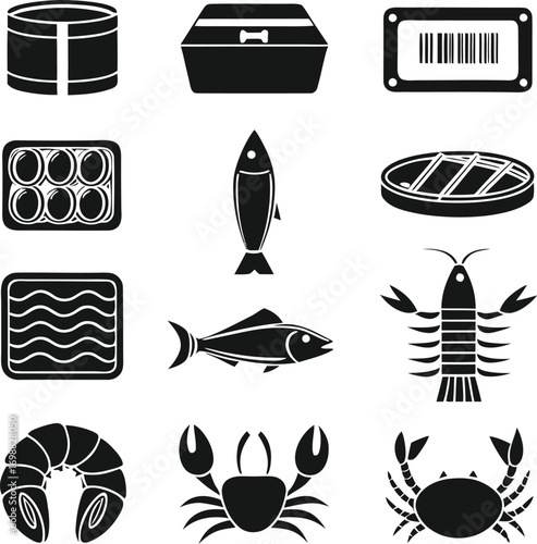 Assortment of black and white icons featuring seafood and food packaging on a white background