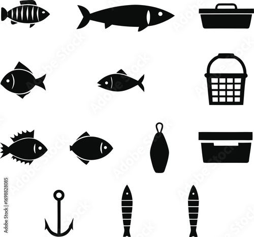 Assortment of stylized fishing and seafood icons with fish anchor and tackle box fishing icon