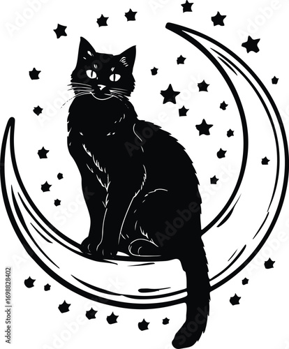 Black cat sitting on crescent moon, stars around, inside perfect circle, thick bold outlines, clean silhouette style 1
