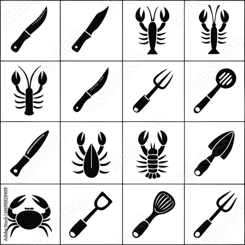 Grid of sixteen black silhouette icons featuring kitchen knives, lobsters, crabs, and cooking utensils