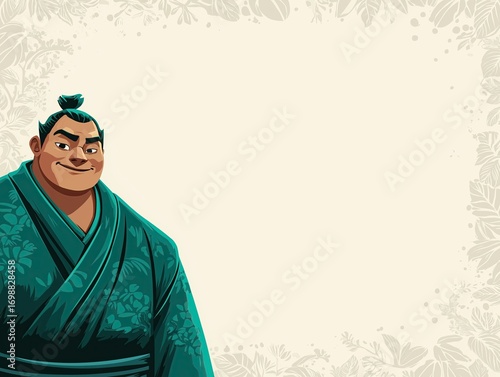 Cartoon illustration of a smiling man wearing a traditional robe with floral patterns, standing against a light background with decorative elements, showcasing cultural attire and character