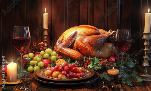 Turkey With Wine Glasses and Candles on a Wooden Table for Thanksgiving Dinner