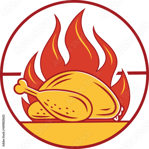 Roasted chicken with flames in a circular emblem fire