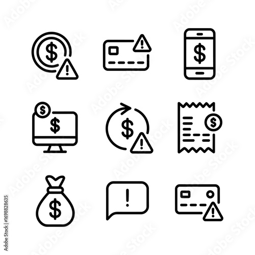 Financial Risk and Alert Icons for Online Banking and Payment Systems Security with Money and Dollar Symbols
