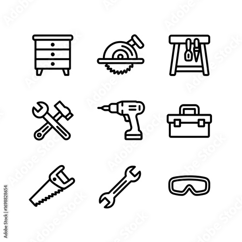 Black and White Line Art Icon Set for Carpentry Woodworking and Home Improvement Projects Featuring Essential Tools and Furniture