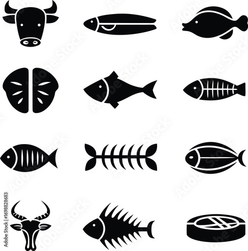 Set of twelve black silhouette icons depicting various types of fish, a bull, and a cow head