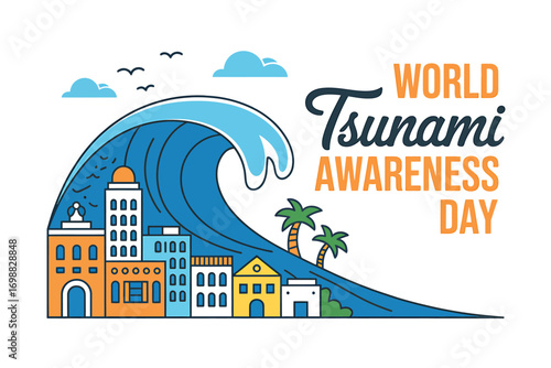 World Tsunami Awareness Day Illustration with Cityscape and Giant Wave Design Concept for Disaster Preparedness and Safety