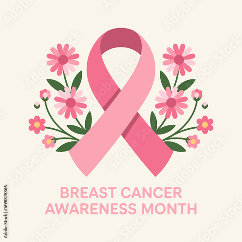 Breast Cancer Awareness Month Illustration with Pink Ribbon and Flowers Symbol of Hope and Support Campaign Against the Disease