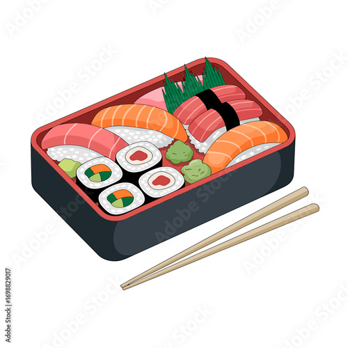 Assorted Sushi Bento Box with Chopsticks Delicious Japanese Cuisine Culinary Art Presentation Gourmet Meal