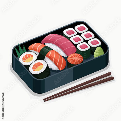 Delicious Sushi Bento Box with Various Nigiri Rolls and Maki Served with Chopsticks Ready to Eat